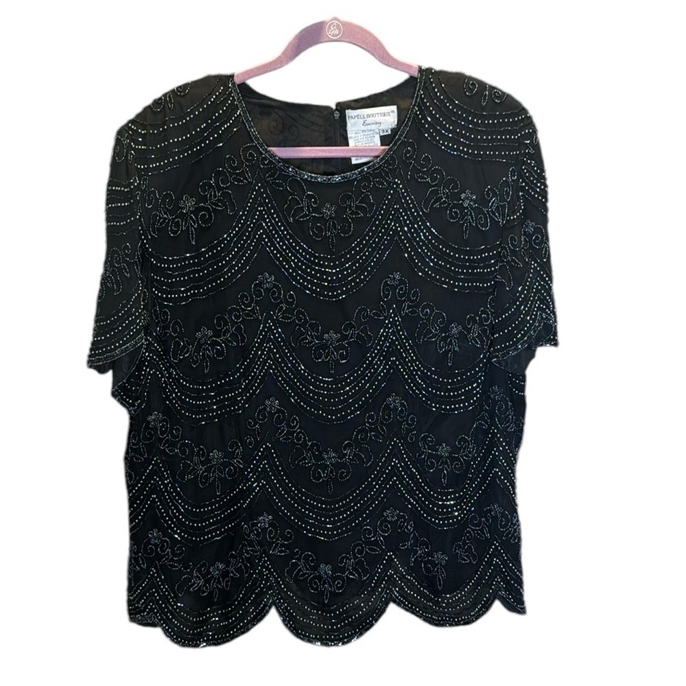 Papell Boutique black vintage, fully beaded 100% silk formal top Plus size 3X